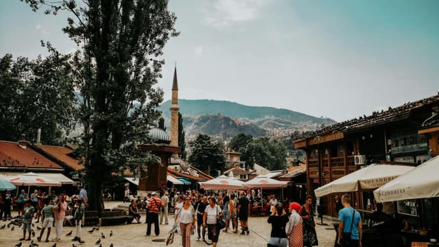 Rooftops and minarets of Sarajevo seen from the surrounding hills